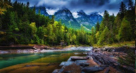 mountain, Clouds, Forest, River, Trees, Spring, Green, Nature ...