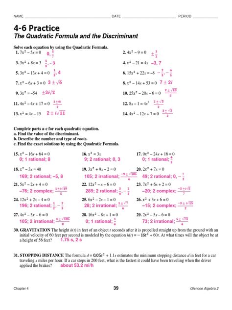 4-6 Practice: The Quadratic Formula and The Discriminant | PDF ...