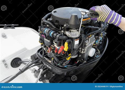 Repairing Outboard Marine Engine. Motorboat Engine Seasonal Service And ...