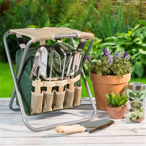 Pure Garden Folding Garden Stool with Tool Bag and 5 Garden Tools ...