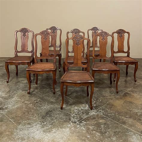 Set of 8 Antique French Louis XV Walnut Dining Chairs with Cane Seats