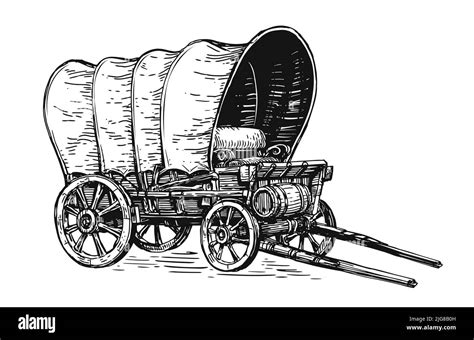 Covered wagon hand drawn sketch vector. Wild West concept. Vintage ...