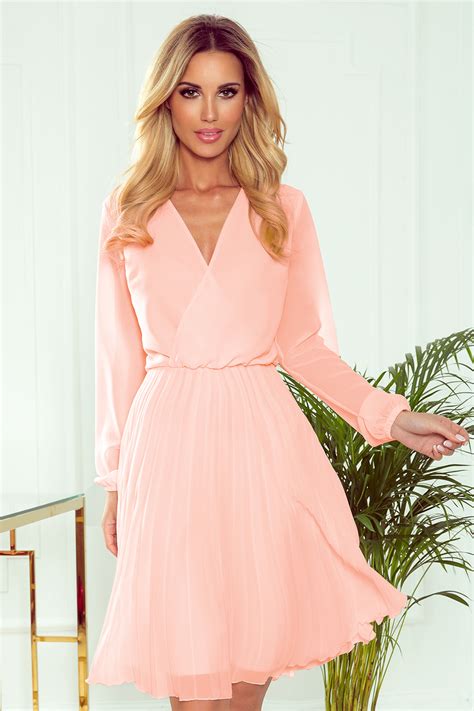 313-2 ISABELLE Pleated dress with neckline and long sleeve - peach ...