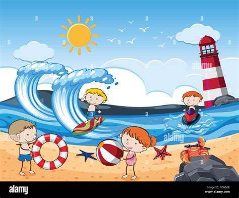 Kids with Beach Activities in Sunny Day illustration Stock Vector Image ...