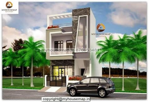 simple front elevation design with double story grey and white color