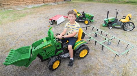 Using kids tractors to plow dirt and cut hay compilation | Tractors for ...