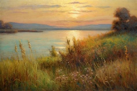 Premium AI Image | A painting of a sunset by the river