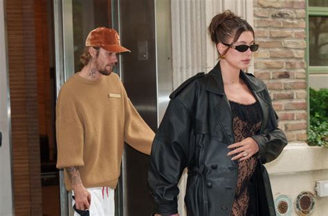 Hailey Bieber Shows Off Baby Bump in Lace Jumpsuit in NYC