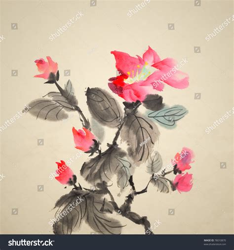 Chinese Traditional Ink Painting Red Flowers Stock Photo 78010870 ...