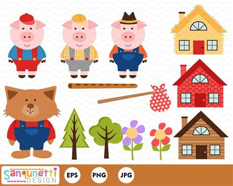 Three Little Pigs Clipart, Nursery Mother Goose Digital Art Instant ...