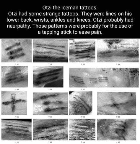 Otzi the iceman tattoos. Otzi had some strange tattoos. They were lines ...