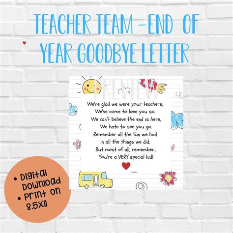 Teacher Team Goodbye Letter to Kids, Teacher End of School Letter ...