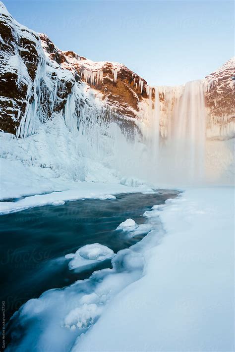 "Iceland, Skogar, Skogafoss, Skogafoss Waterfall Surrounded By Snow And ...