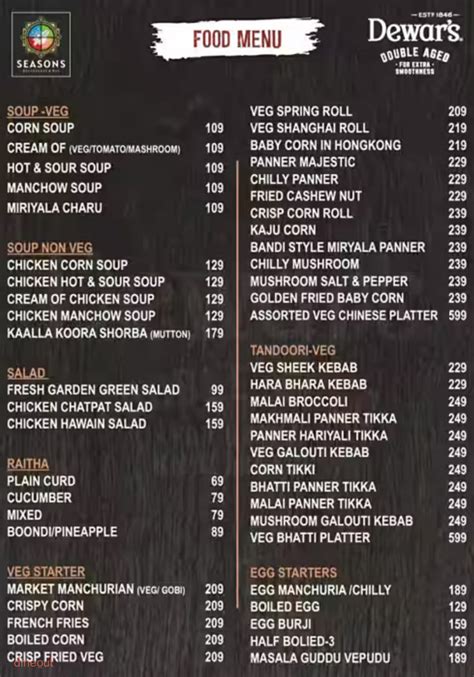 Menu of Seasons Restaurant & Bar, Kukatpally, Hyderabad | Dineout