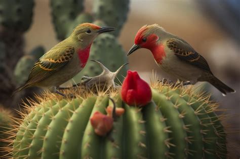 Premium AI Image | A green and red bird sits on a cactus with a red flower.