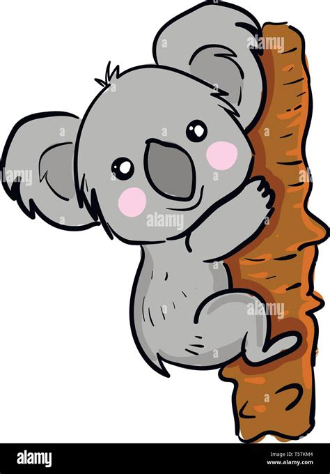 A cute little cartoon Koala climbing up the tree with a broad smile on ...