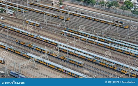 AERIAL VIEW of RAIL YARD and TRAINS Stock Photo - Image of trucks ...