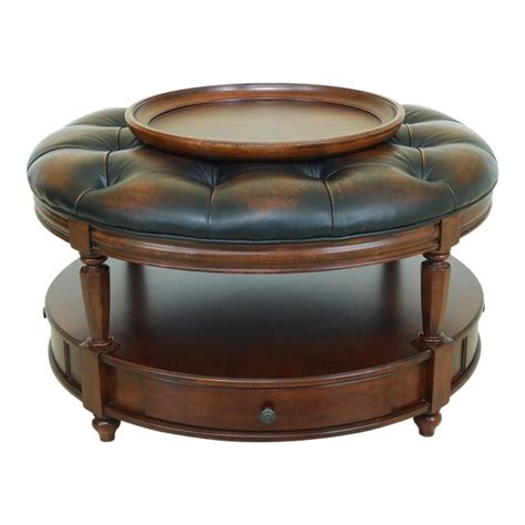 Large Round Tufted Leather Ottoman Coffee Table | Chairish