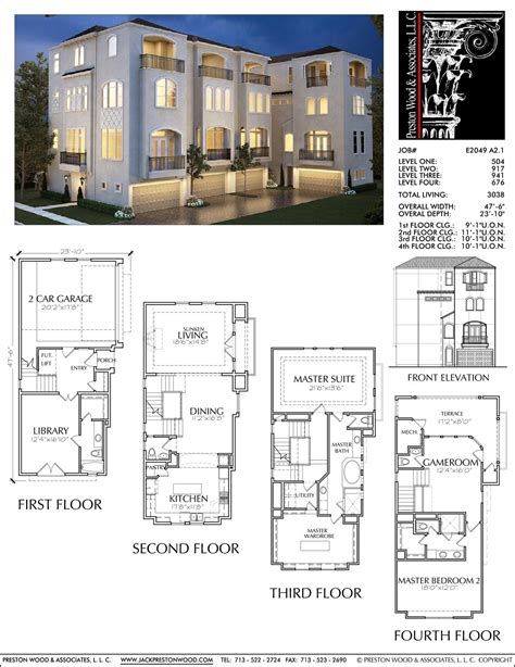 Four Story Townhouse Plan E2049 A2.1 | Town house plans, Row house plan ...