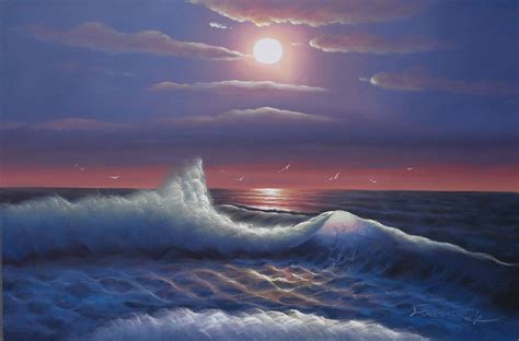 Night Ocean Art Moonlight Wave Painting Blue Sky Oil on Canvas Wall Art ...