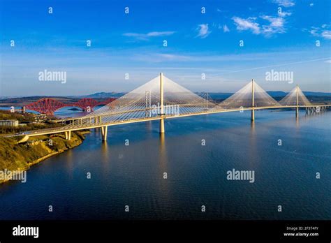 Aerial view from Rosyth showing three bridges spanning the Firth of ...