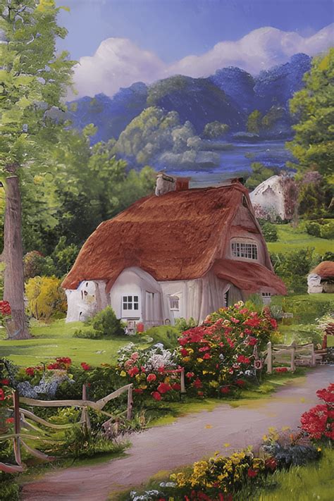 Vintage Summer Country Cottage Landscape Oil Painting · Creative Fabrica