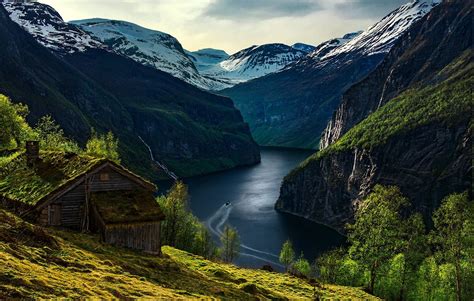 nature, Landscape, Geiranger, Fjord, Norway, Mountain, Cabin, Trees ...