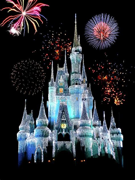 Magic Kingdom Castle In Frosty Light Blue with Fireworks 06 Photograph ...