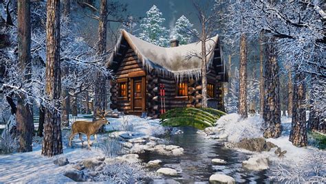 Scenic Winter Log Cabin, Woods, cottage, snow, Scenic, home, Winter ...