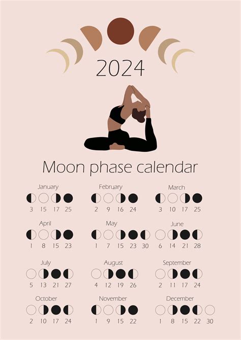 Moon phases calendar 2024 with a girl doing yoga. Waning gibbous ...