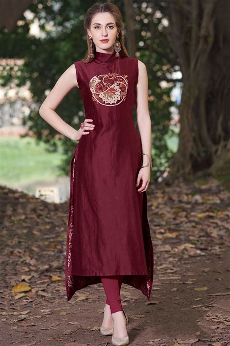 Samyakk Maroon Silk Embroidered High Low Kurti | Kurti neck designs ...