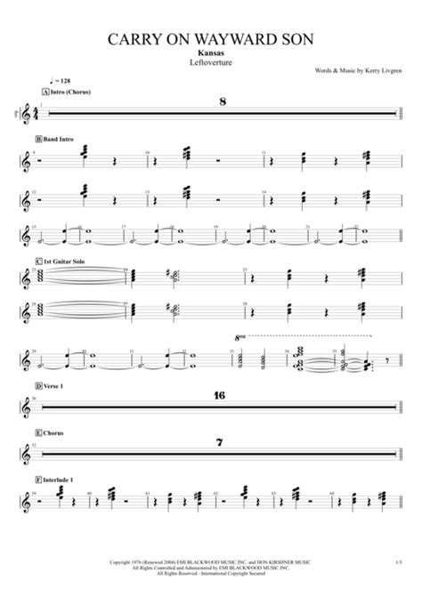 Carry On Wayward Son Tab by Kansas (Guitar Pro) - Full Score | mySongBook