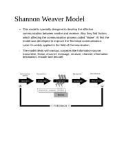 Shannon Weaver Model.docx - Shannon Weaver Model - This model is ...