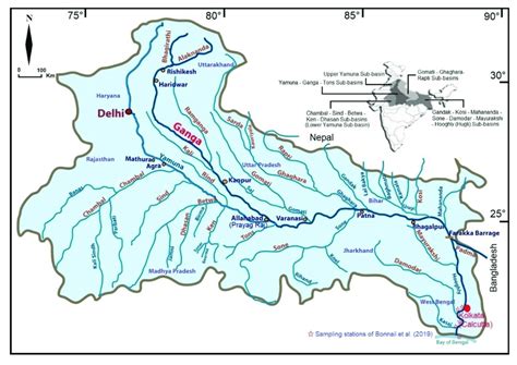 Major tributaries of the Ganges River (Ganga) with its basin boundary ...