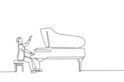 One continuous line drawing of young happy male pianist playing classic ...