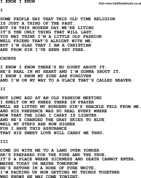 Country, Southern and Bluegrass Gospel Song I Know I Know lyrics