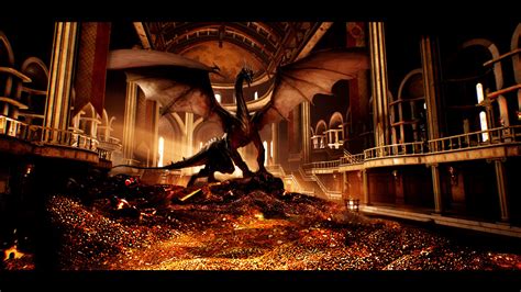 dragon, gold, treasure, Smaug, fantasy art, The Hobbit HD Wallpaper