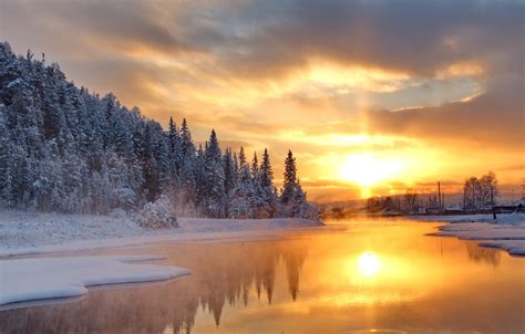 Wallpaper winter, forest, lake, sunrise, dawn, forest, Winter, lake ...