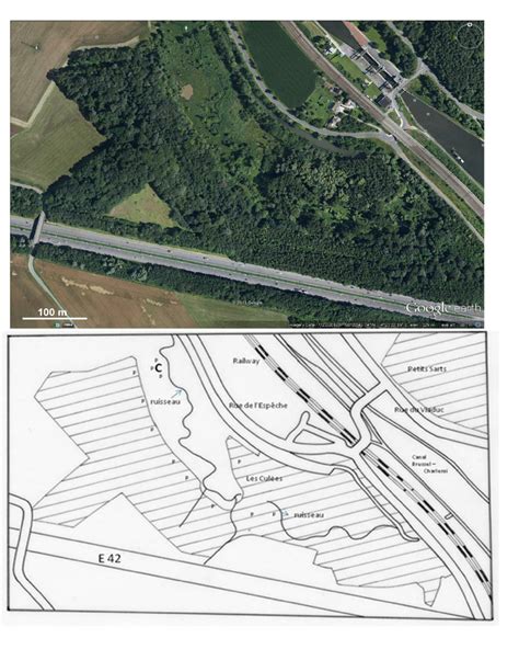 Upper image: aerial photograph of marshy area and deciduous wood. Lower ...