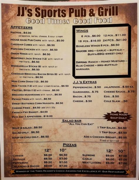 Online Menu of J J's Pub Restaurant, Ottawa, Illinois, 61350 - Zmenu