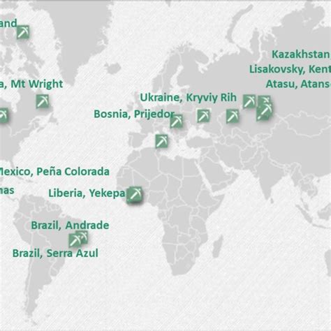 World map showing the location of ArcelorMittal iron ore mines ...