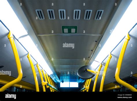 Public Transportation Bus Interior Yellow Poles White Fluorescent Stock ...