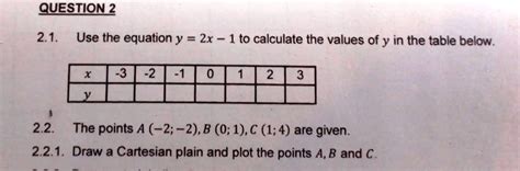 SOLVED: QUESTION2 21 Use the equation y 2x 1 to calculate the values of ...