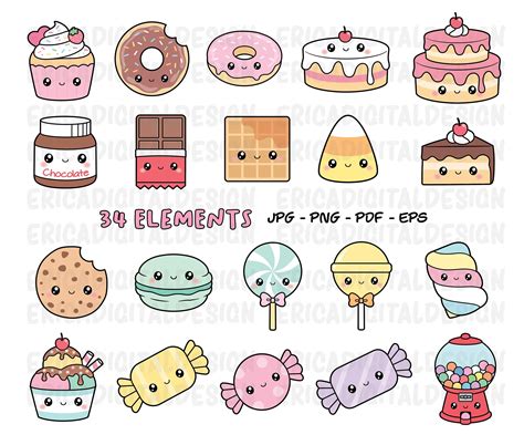 Kawaii Sweets Clipart Cute Sweet Candy Clipart Food Cake Donut Cupcake ...