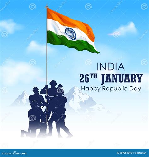 26 January, Happy Republic Day Text With Wavy Indian Flag And India ...