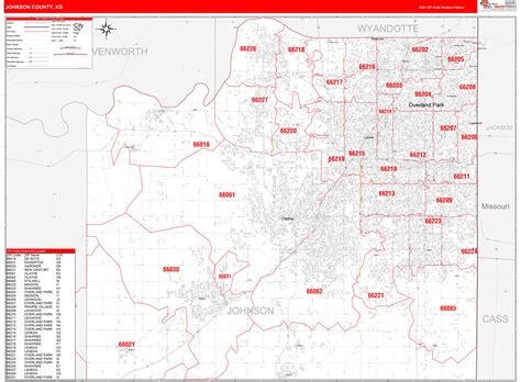 Johnson County, KS Zip Code Wall Map Red Line Style by MarketMAPS ...