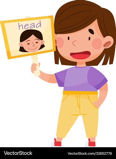 Smiling girl character holding flashcard with head