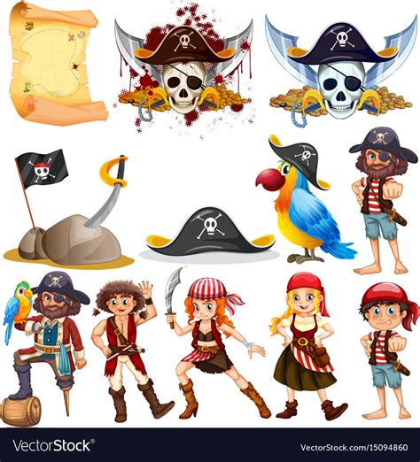 Different pirate characters and symbols Royalty Free Vector