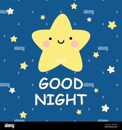 Cute vector good night card with cartoon stars on dark blue background ...