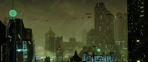 Futuristic dystopian city with flying cars and dark green atmosphere ...